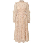 Provence Bloom Midi Dress featuring floral prints and ruffled sleeves for a feminine look