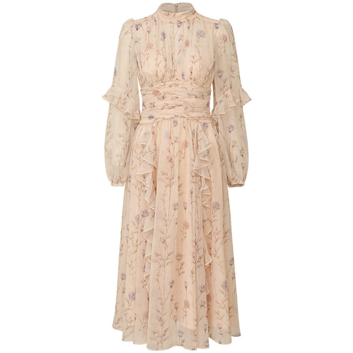 Provence Bloom Midi Dress featuring floral prints and ruffled sleeves for a feminine look