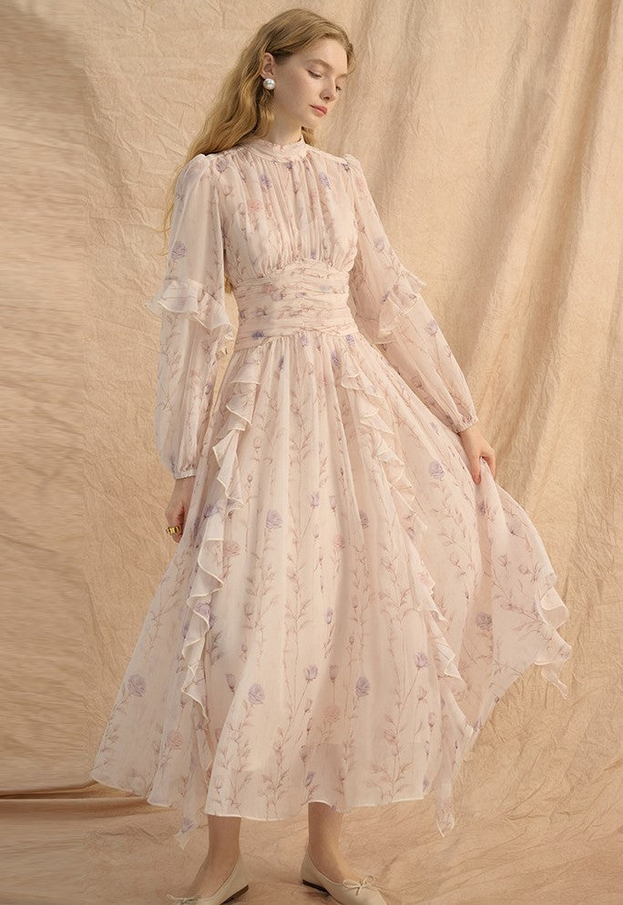 AM Vision RO Provence Bloom Midi Dress with Ruffled Details and Floral Print for Elegant Occasions
