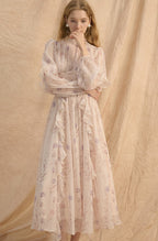 Provence Bloom Midi Dress in soft pastel with ruffled detailing and floral print for elegant occasions