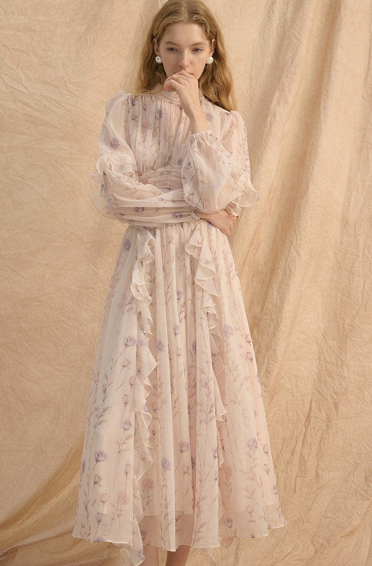 Provence Bloom Midi Dress in soft pastel with ruffled detailing and floral print for elegant occasions