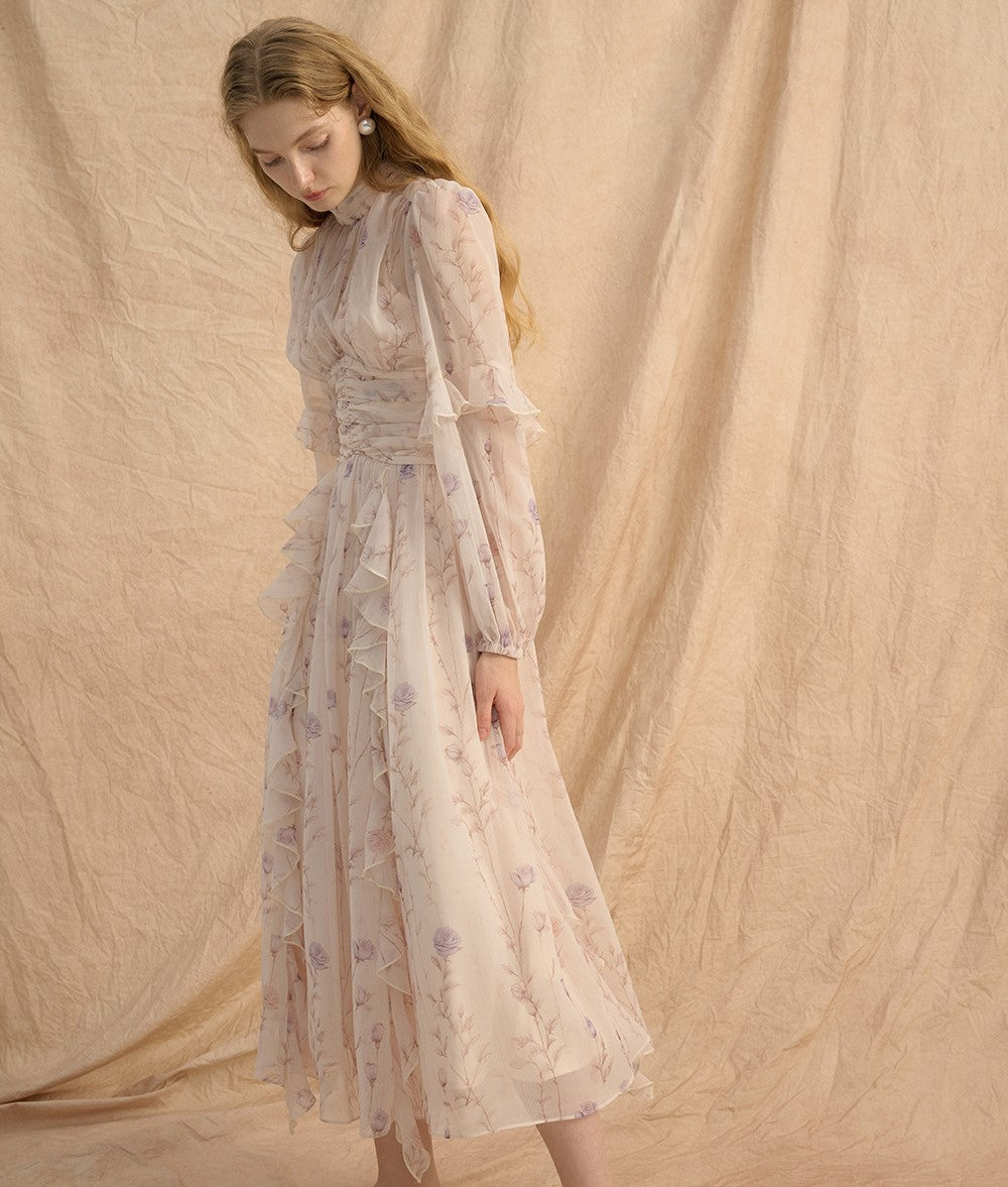 Provence Bloom Midi Dress with Ruffle Details and Floral Print for Elegant Spring Outings