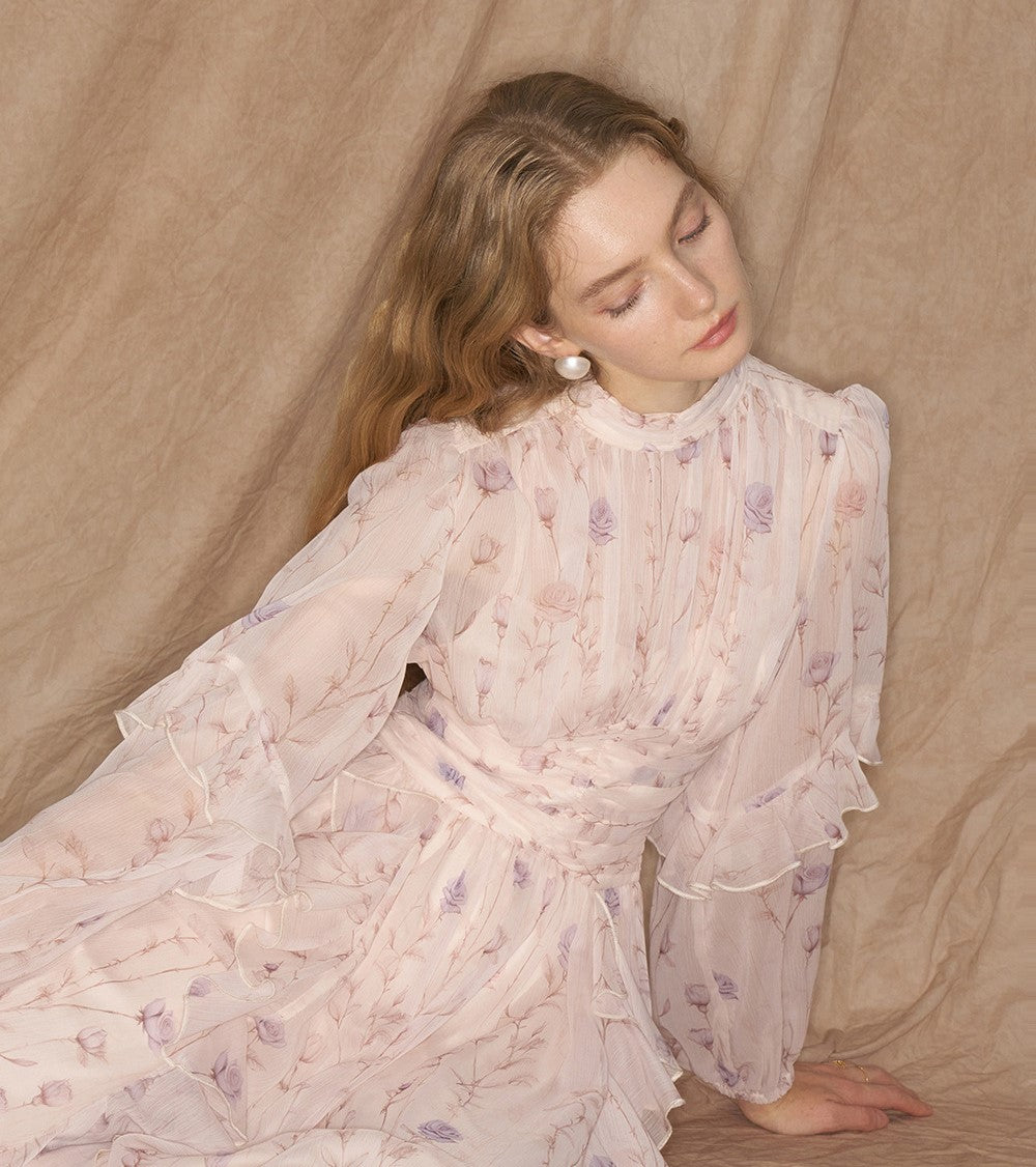 Delicate Provence Bloom Midi Dress with floral print and sheer ruffled sleeves for elegant styles