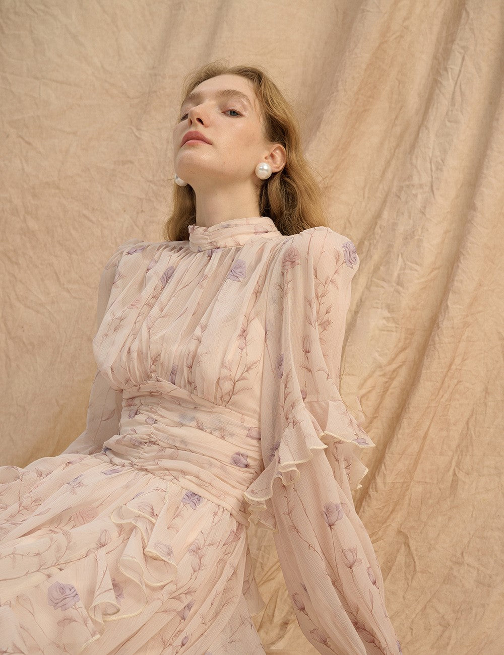 AM Vision RO Provence Bloom Midi Dress in soft pink with floral design and elegant long sleeves
