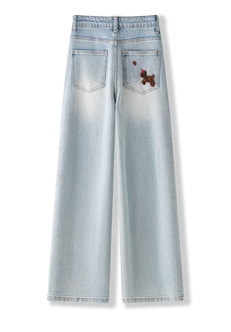 Light blue Puppy Embroidered Retro Wide Leg Jeans with a cute dog design on the back pocket