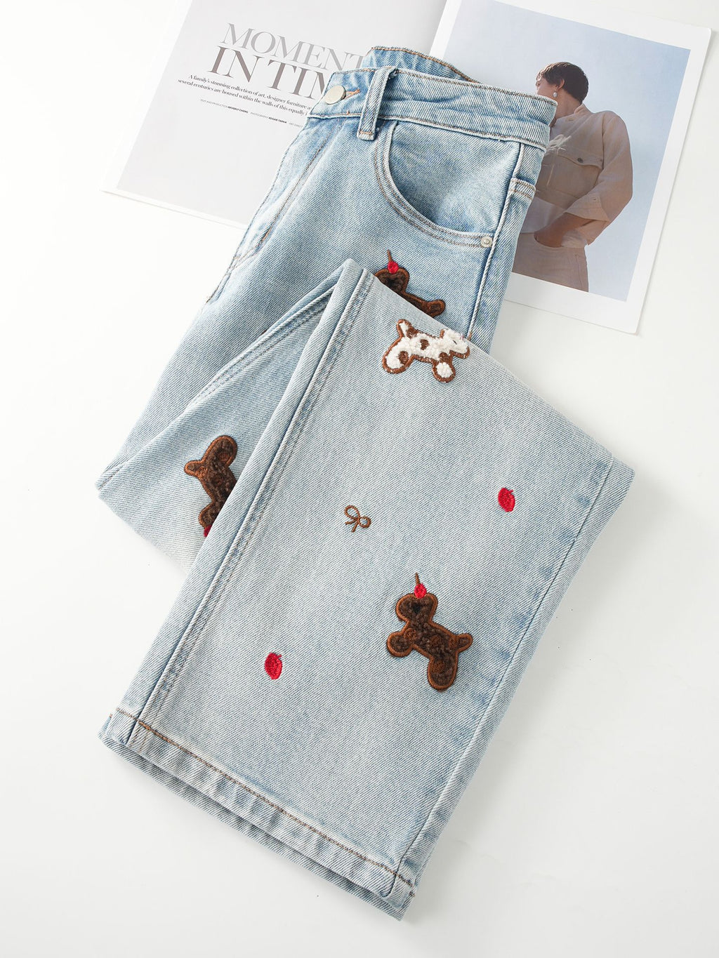 Puppy Embroidered Retro Wide Leg Jeans in light blue with playful teddy bear designs and red accents