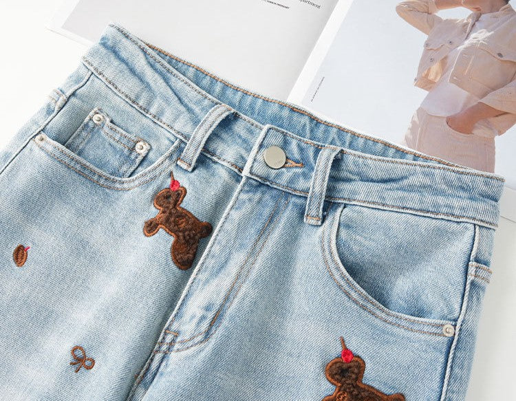 Puppy Embroidered Retro Wide Leg Jeans featuring cute dog embroidery on soft blue denim