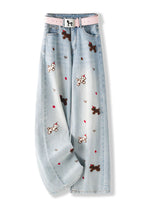 Puppy Embroidered Retro Wide Leg Jeans with a pink belt featuring playful dog designs
