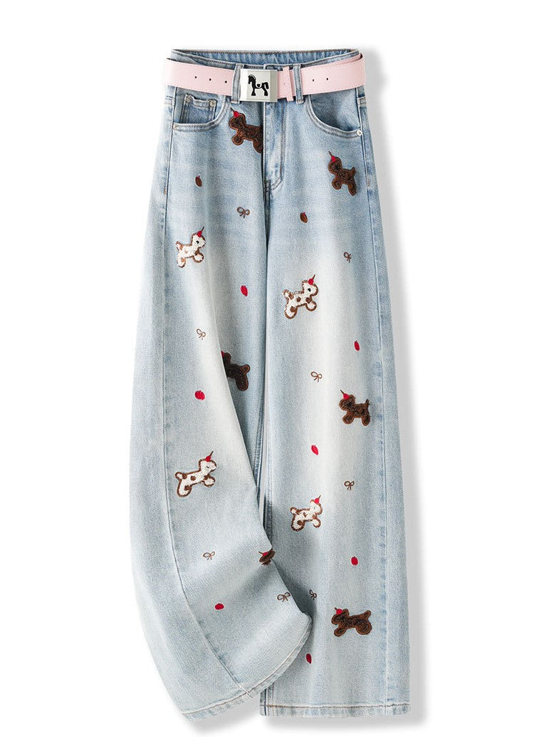 Puppy Embroidered Retro Wide Leg Jeans with a pink belt featuring playful dog designs