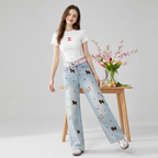 Puppy Embroidered Retro Wide Leg Jeans with playful designs paired with a white t-shirt