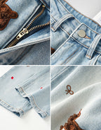 Puppy Embroidered Retro Wide Leg Jeans with detailed stitching and zip closure in light blue denim