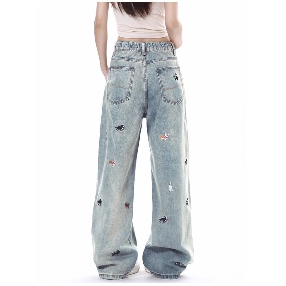 Puppy Riot Straight Jeans in light blue with playful embroidered designs on the back