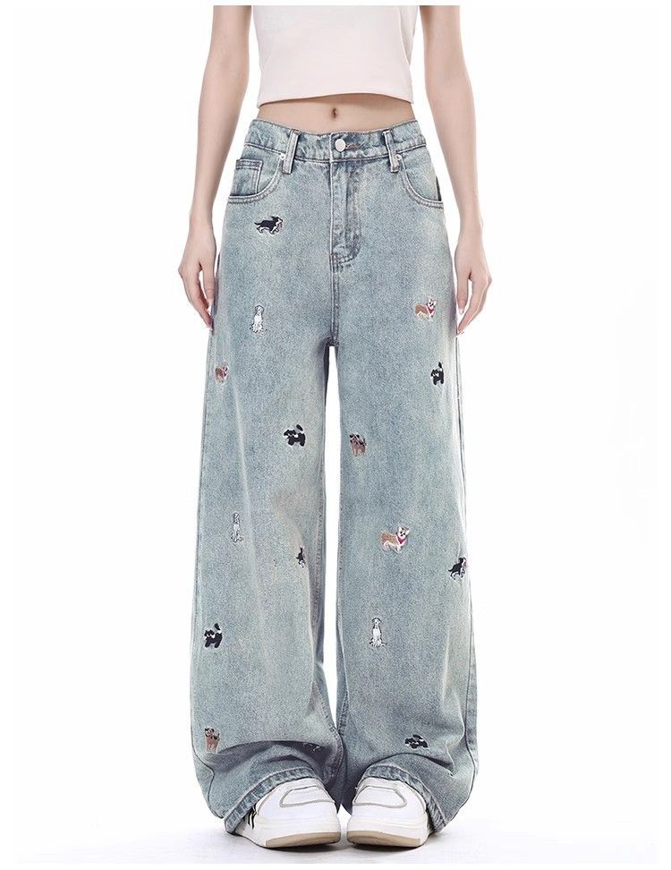 Puppy Riot Straight Jeans in light blue with colorful puppy embroidery details for a playful style