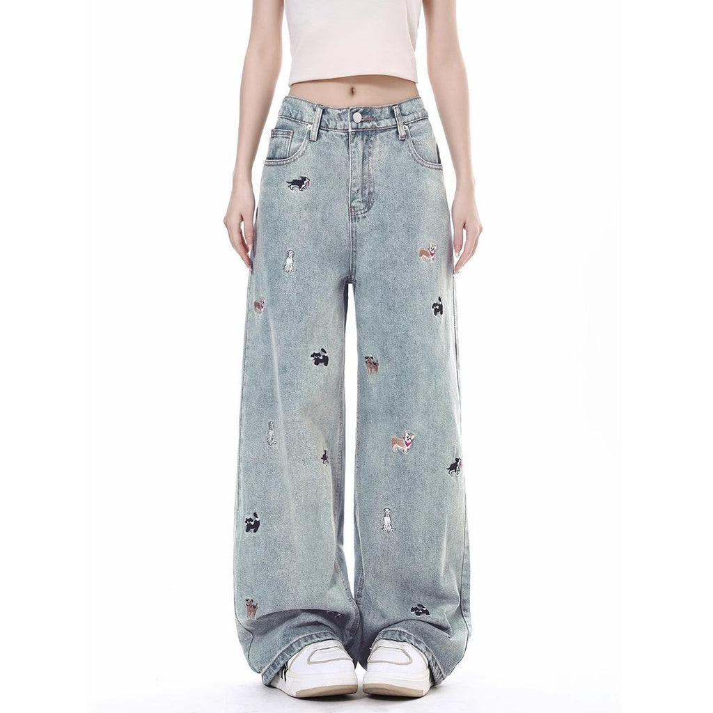 Puppy Riot Straight Jeans with playful dog embroidery for a trendy and casual look