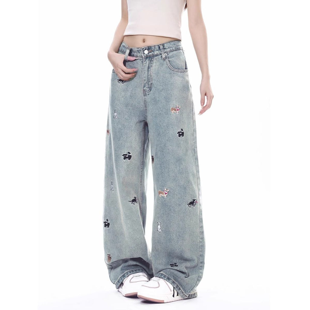 AM Vision RO Puppy Riot Straight Jeans with Cute Animal Embroidery for a Trendy Look