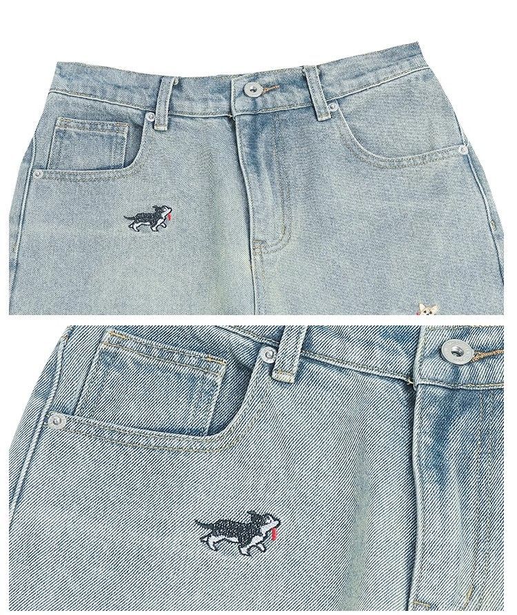 AM Vision RO Puppy Riot Straight Jeans with playful dog embroidery on the front and back pockets