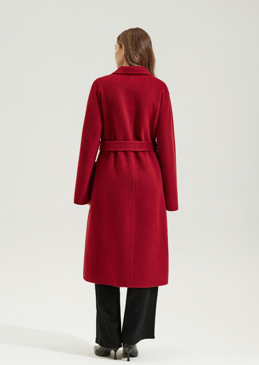 Red Double Sided Cashmere Maxi Coat with a stylish belted design, perfect for winter outfits