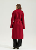 Red Double Sided Cashmere Maxi Coat with a stylish belted design, perfect for winter outfits