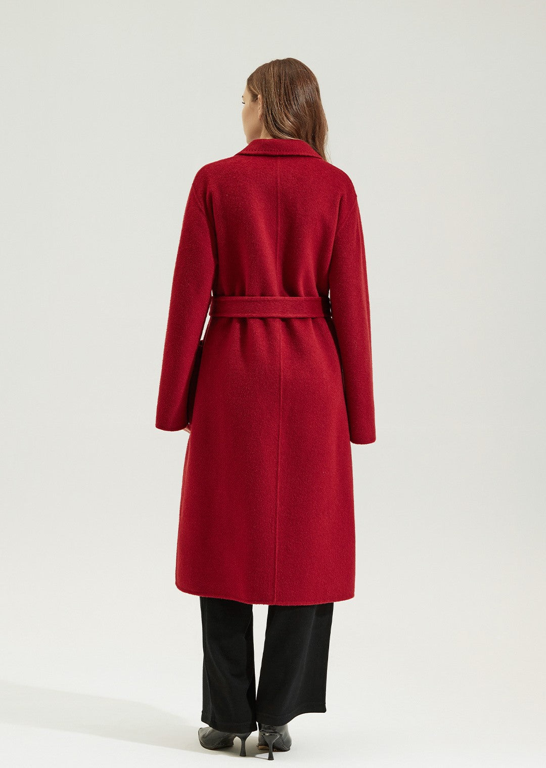 Red Double Sided Cashmere Maxi Coat with a stylish belted design, perfect for winter outfits