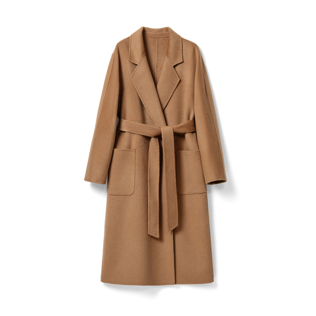 Red Double Sided Cashmere Maxi Coat with a Belted Design and Front Pockets