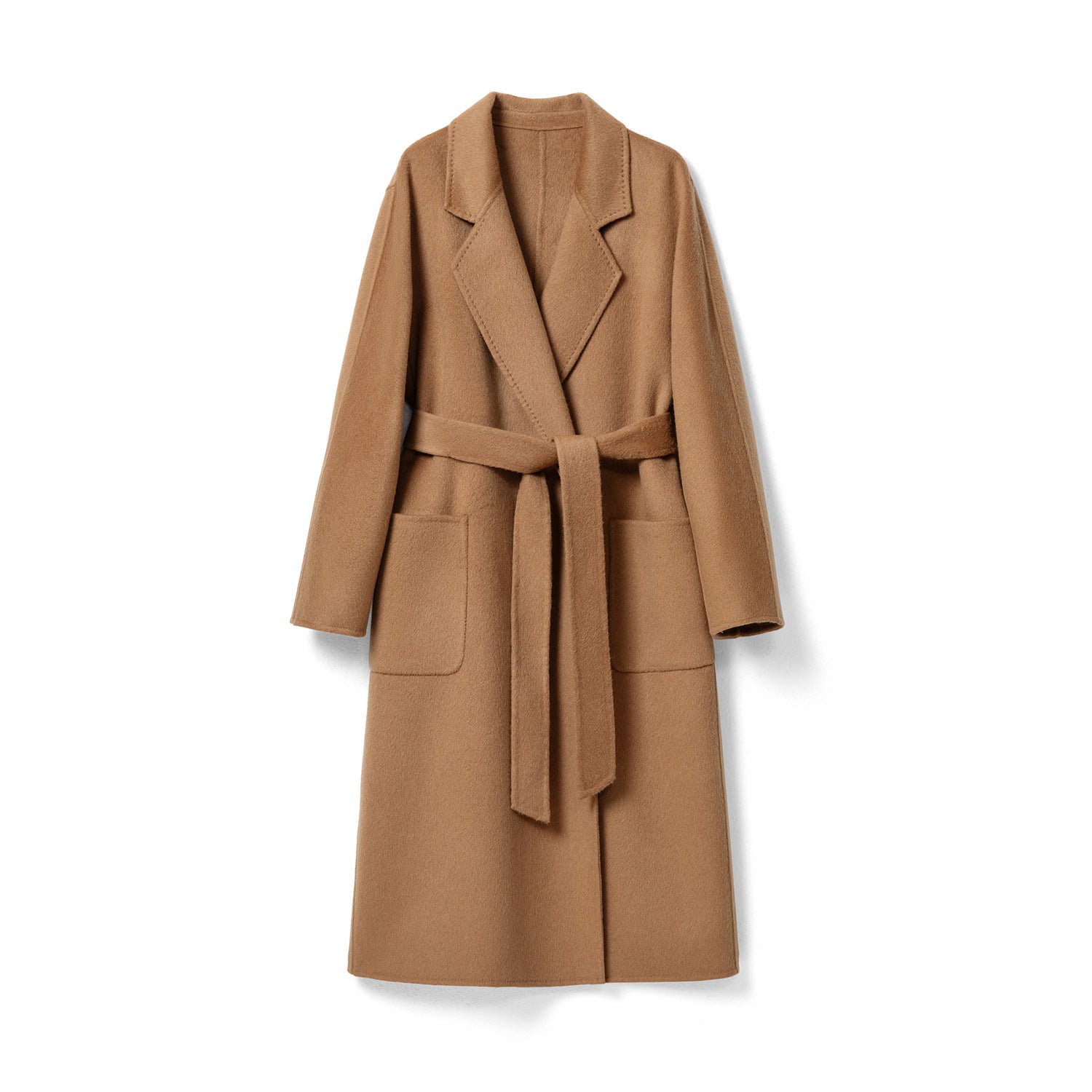 Red Double Sided Cashmere Maxi Coat with a Belted Design and Front Pockets