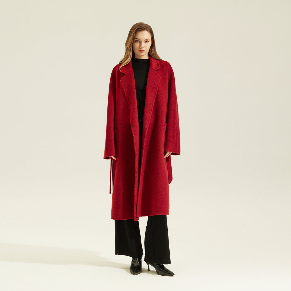 Red Double Sided Cashmere Maxi Coat by AM Vision RO, stylish outerwear for elegant looks