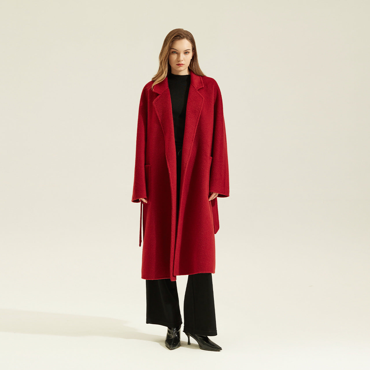 Red Double Sided Cashmere Maxi Coat by AM Vision RO, stylish outerwear for elegant looks