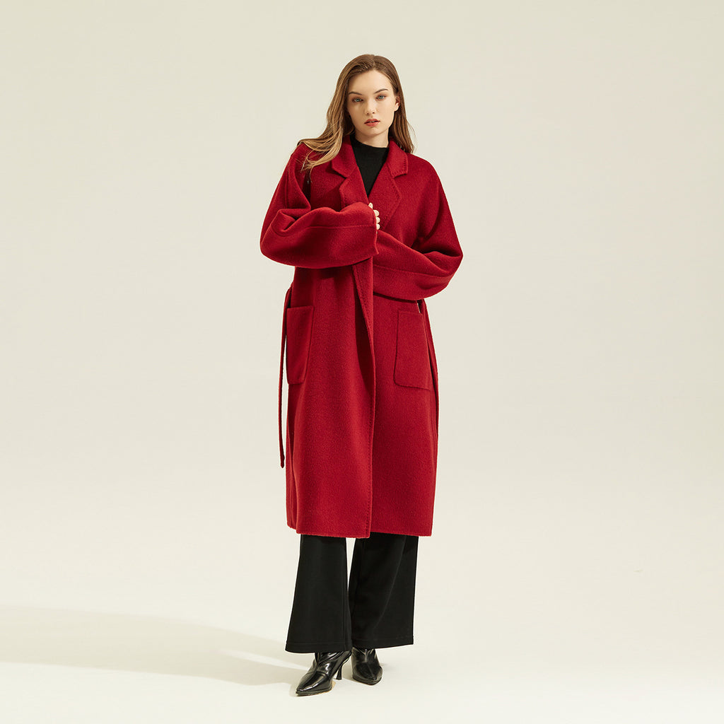 Elegant Red Double Sided Cashmere Maxi Coat with Stylish Pockets and Belted Design