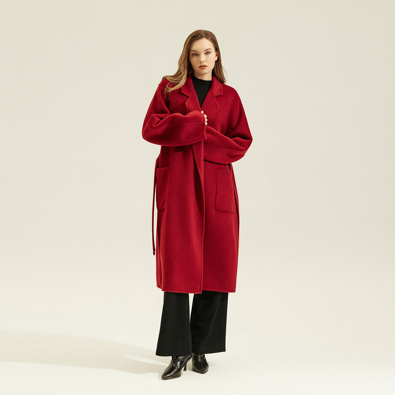 Elegant Red Double Sided Cashmere Maxi Coat with Stylish Pockets and Belted Design