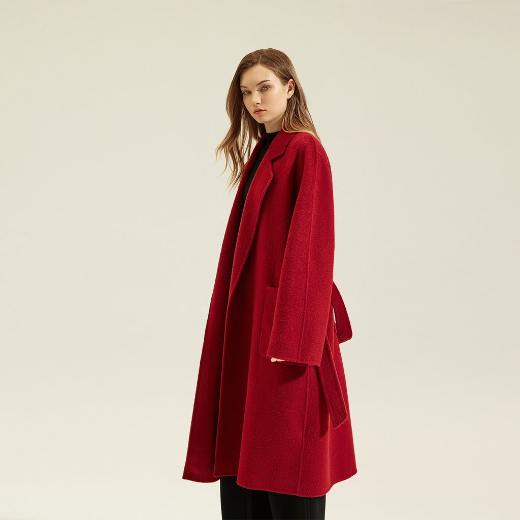Elegant Red Double Sided Cashmere Maxi Coat featuring a stylish open front and pockets