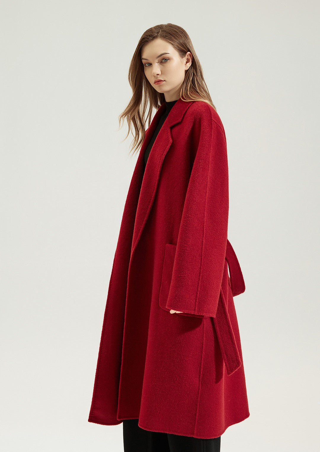 Elegant Red Double Sided Cashmere Maxi Coat for a stylish and warm winter look