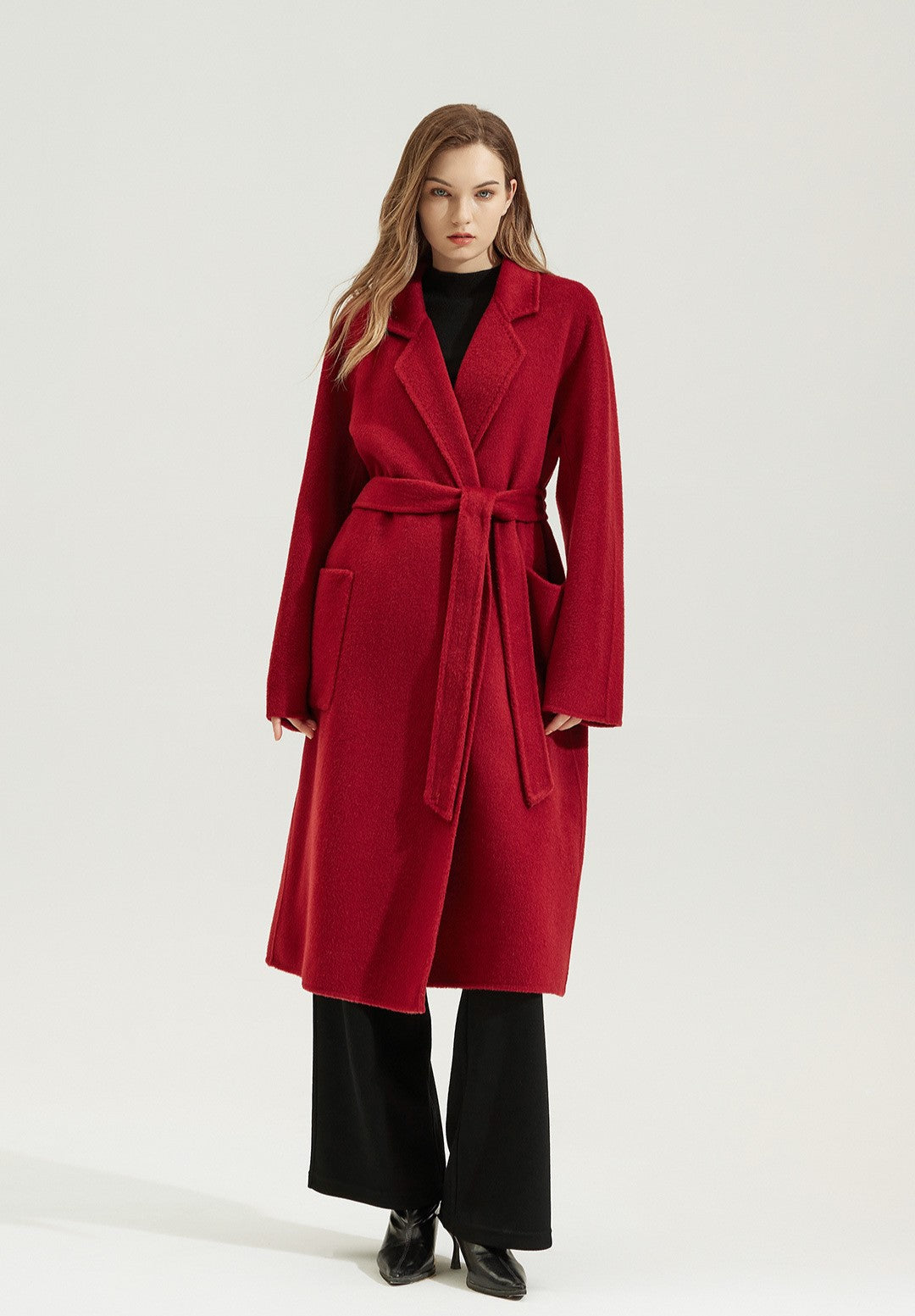 Red Double Sided Cashmere Maxi Coat with Belt and Pockets for Stylish Warmth