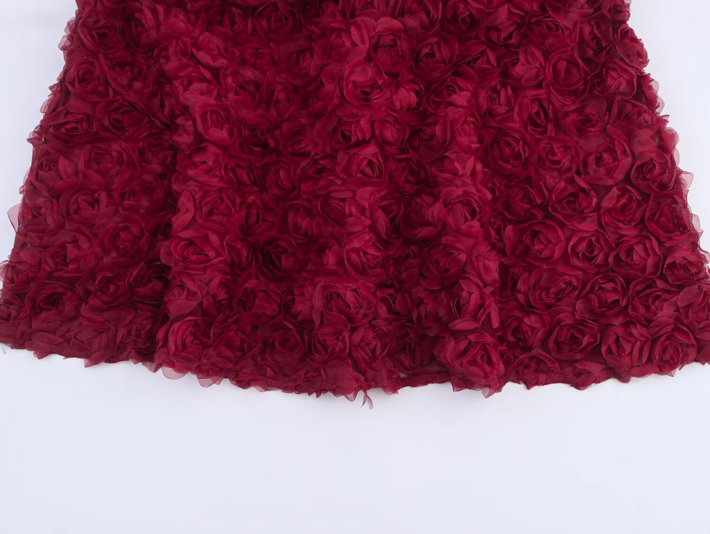 Red Rose Blossom Dress with Floral Texture for Elegant and Romantic Occasions
