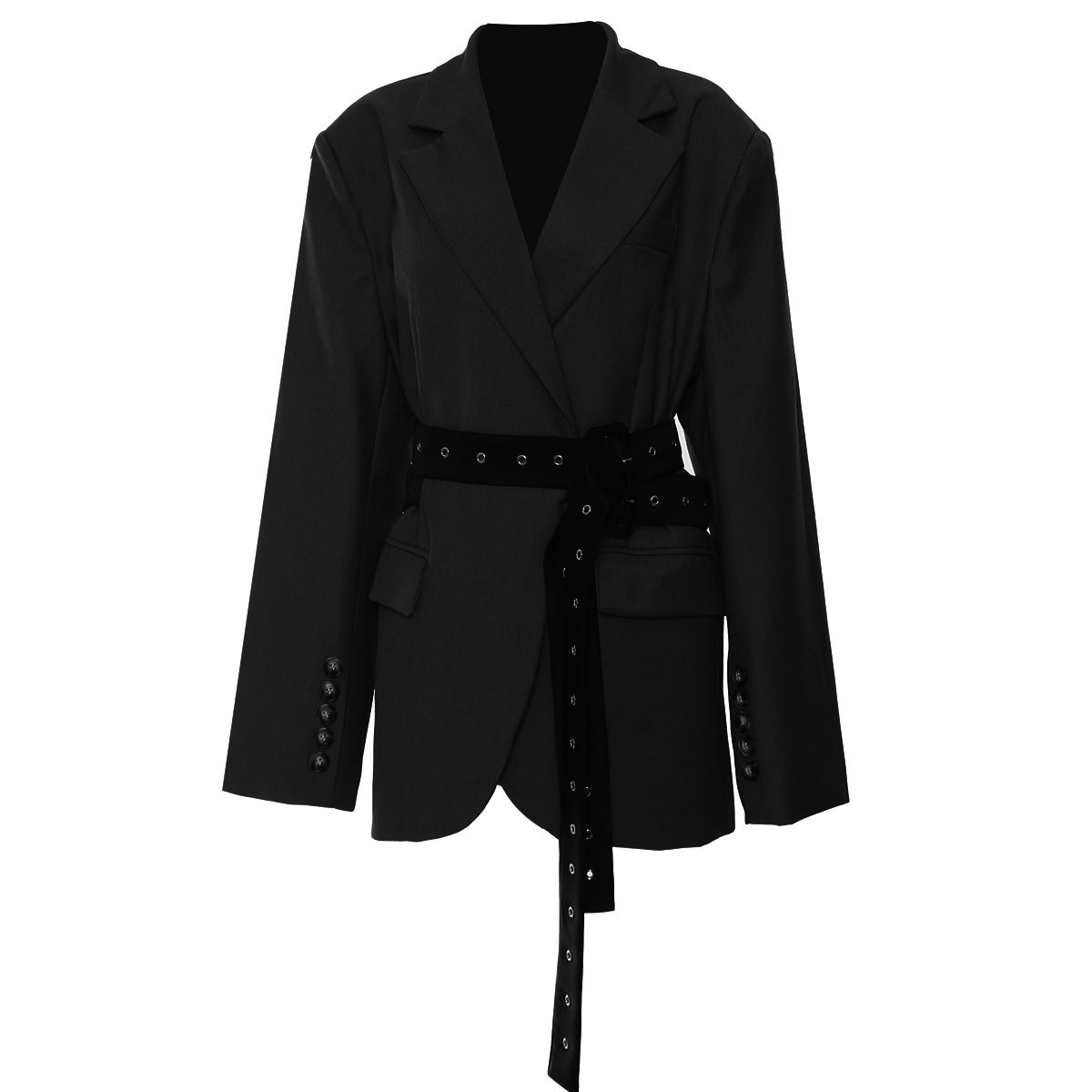 Stylish black Retro Blazer with Belt featuring a tailored fit and chic button details