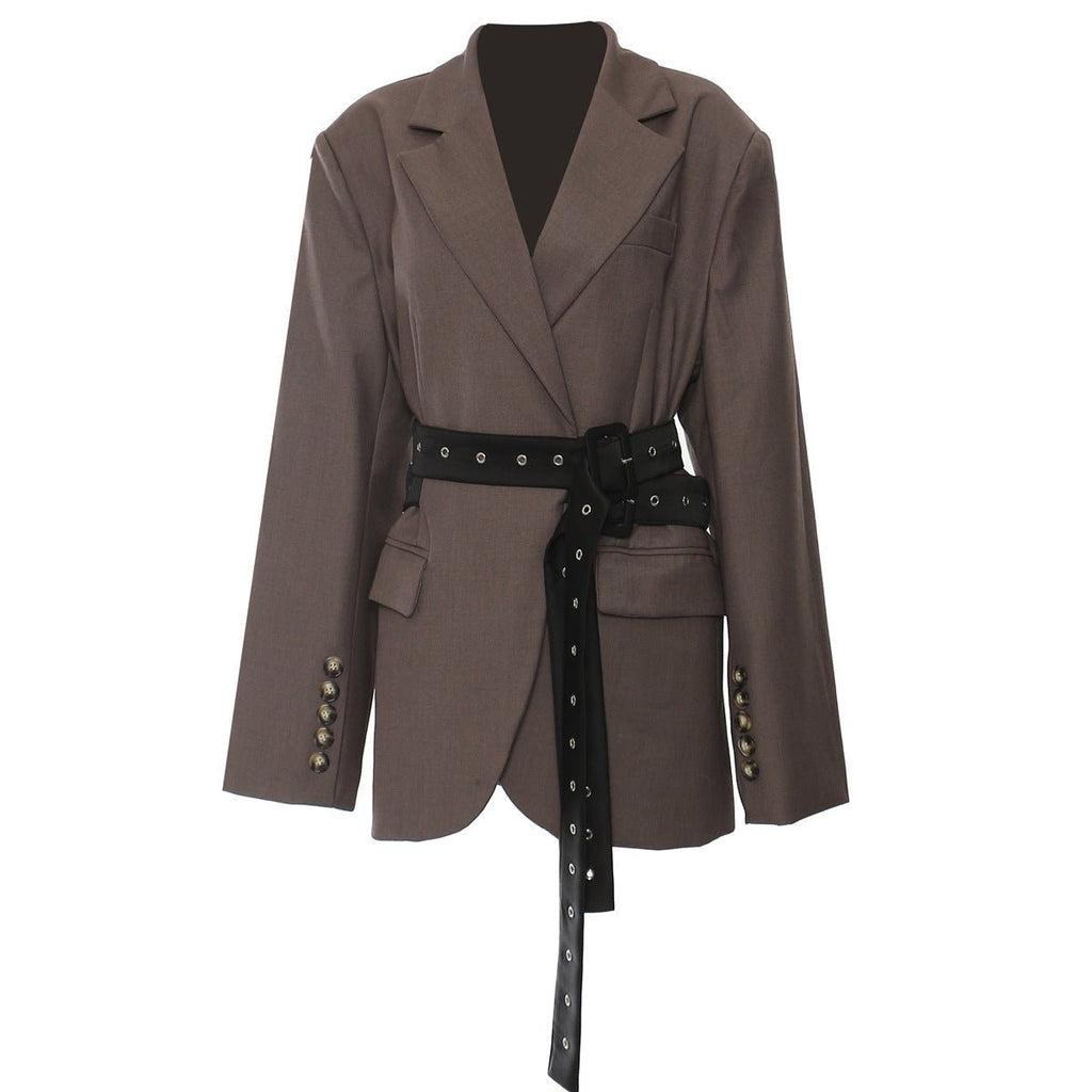Stylish brown AM Vision RO Retro Blazer with Belt featuring a chic design and button details