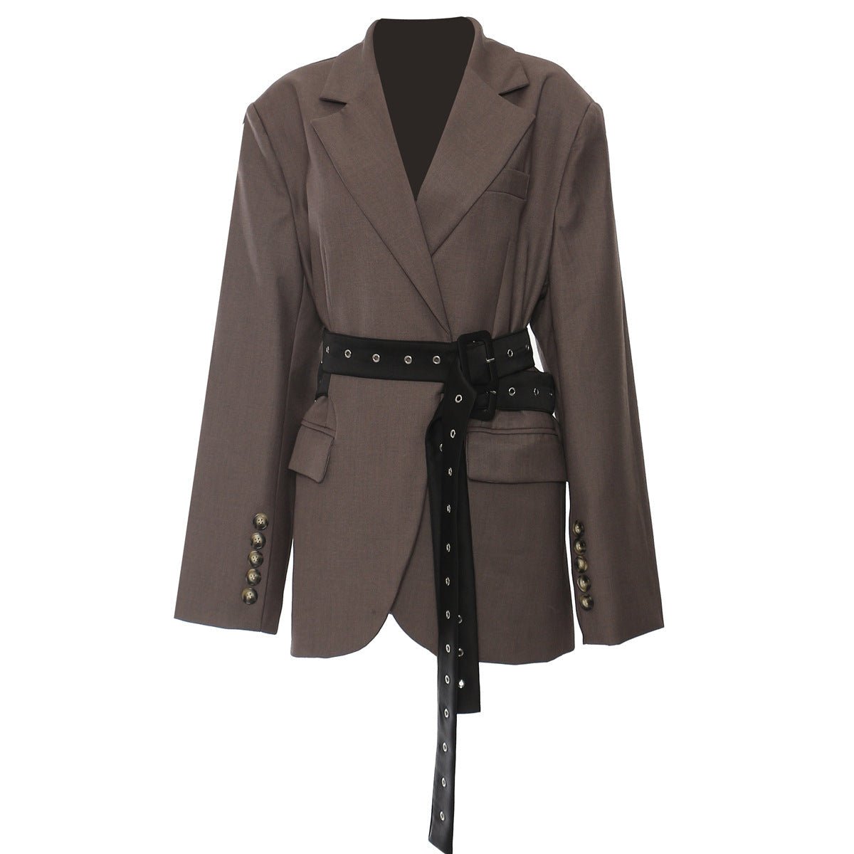 Stylish brown AM Vision RO Retro Blazer with Belt featuring a chic design and button details