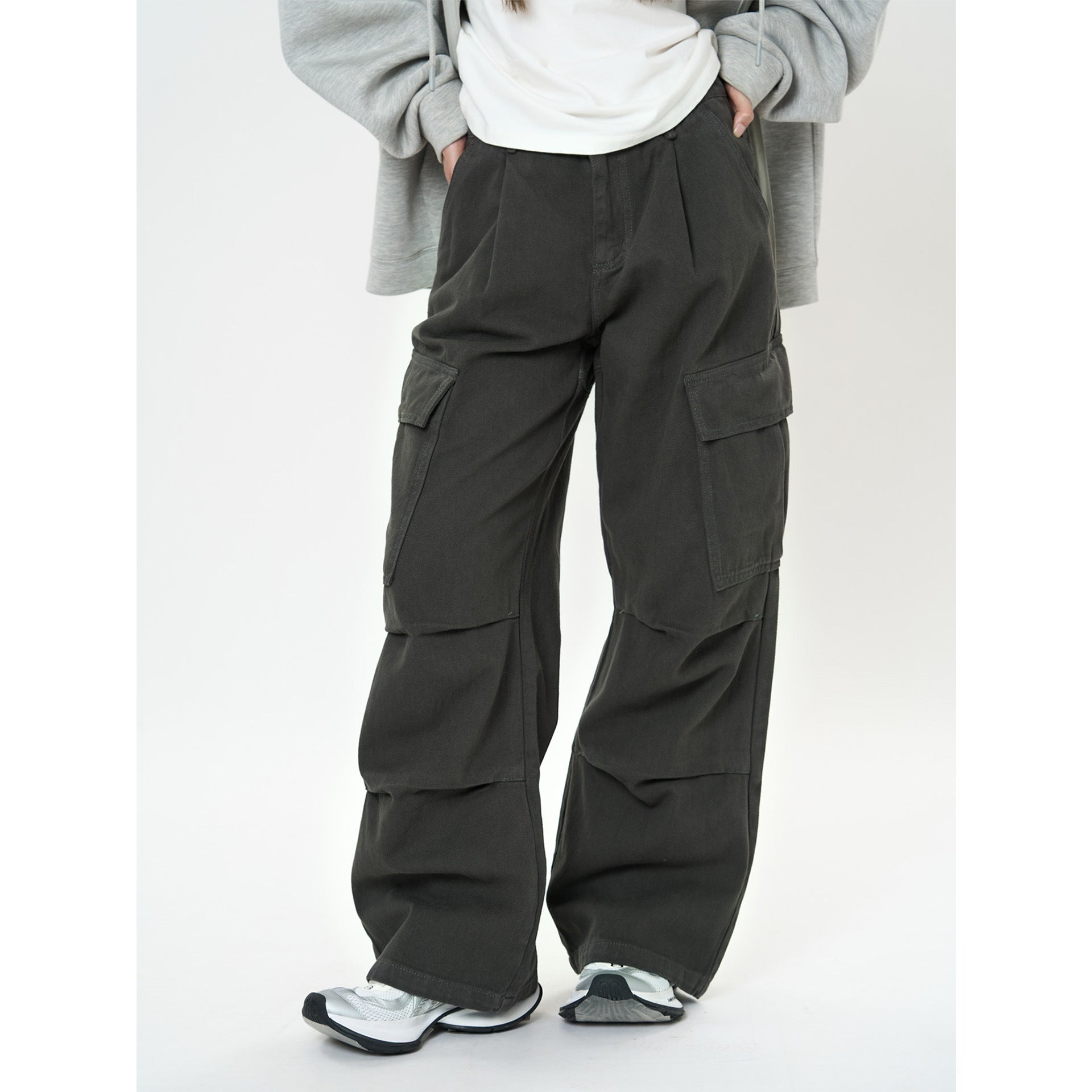 Retro Cargo Pocket Wide Leg Denim Pants in dark color with stylish pockets and relaxed fit