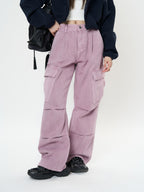 AM Vision RO Retro Cargo Pocket Wide Leg Denim Pants in Light Pink with Side Pockets