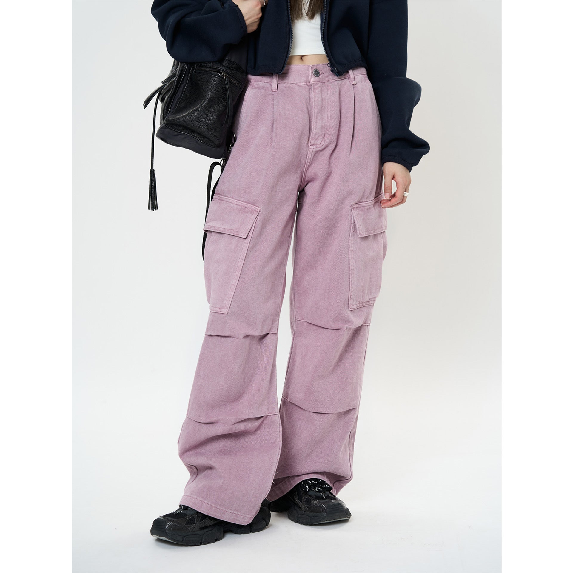 AM Vision RO Retro Cargo Pocket Wide Leg Denim Pants in Light Pink with Functional Pockets