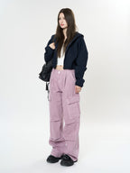 AM Vision Retro Cargo Pocket Wide Leg Denim Pants in Light Pink for a Trendy Casual Look