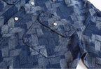 Close-up of Retro Denim Shirt for Men featuring a unique woven pattern and a chest pocket