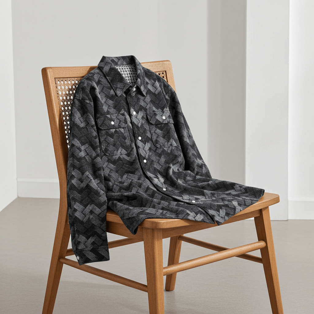 AM Vision RO Retro Denim Shirt for Men in black and grey pattern displayed on a wooden chair