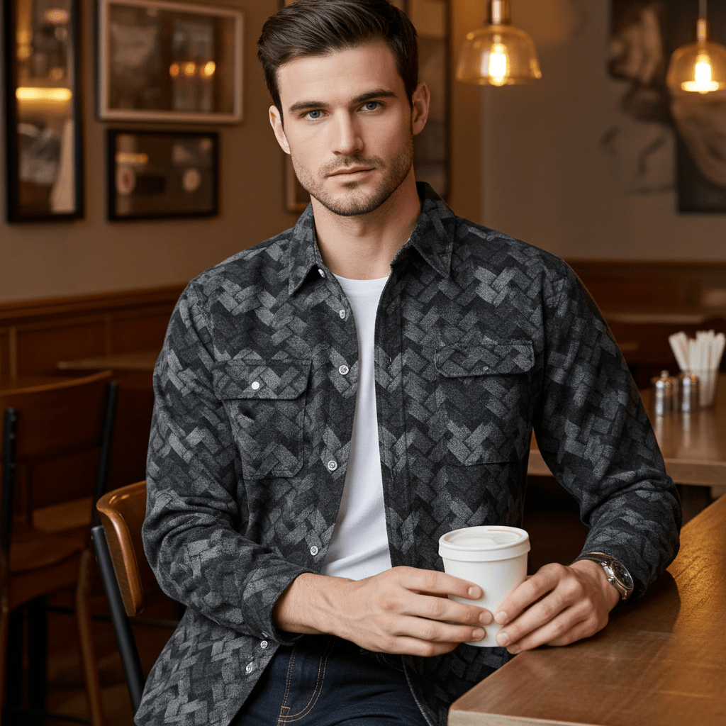 AM Vision RO Retro Denim Shirt for Men in black and gray pattern, perfect for casual outings