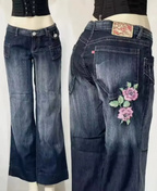 AM Vision RO Retro Garden Straight Denim Jeans with Floral Embroidery and Classic Fit