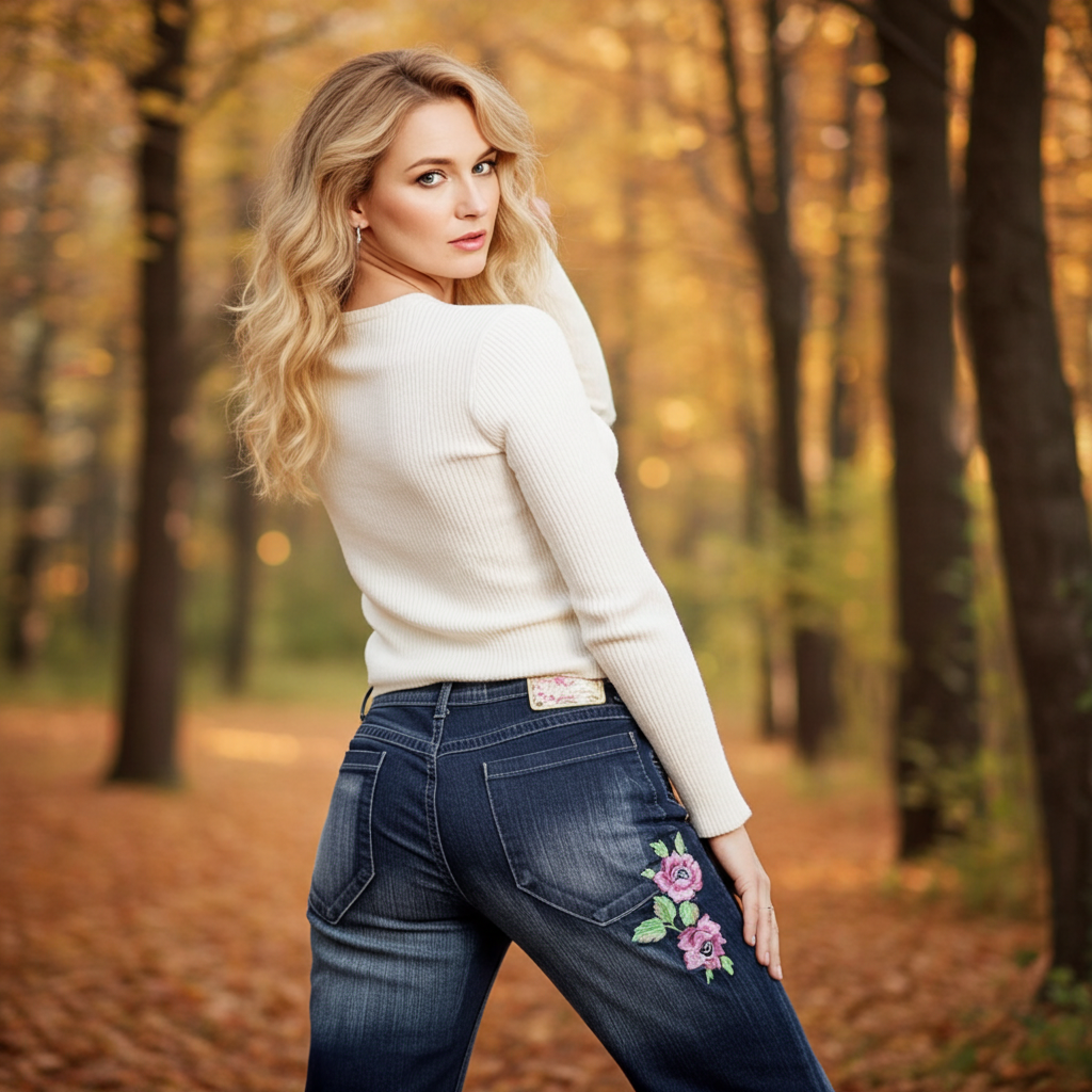 Woman modeling Retro Garden Straight Denim Jeans with floral embroidery in a wooded autumn setting
