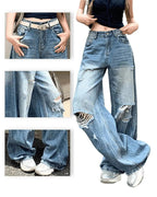 Retro High Waist Jeans with Distressed Detail and Wide Leg Fit for a Vintage Look