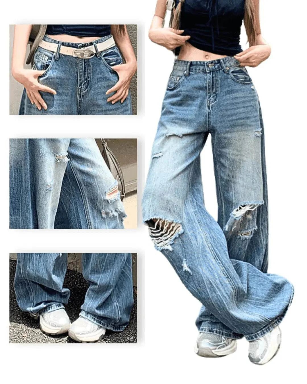 Retro High Waist Jeans with Distressed Detail and Wide Leg Fit for a Vintage Look