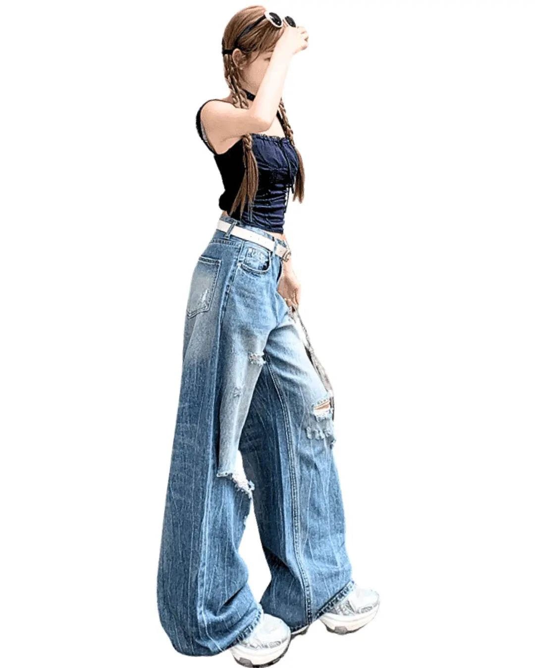 Trendy Retro High Waist Jeans with a Wide Leg Fit and Distressed Details for a Fashion-Forward Look