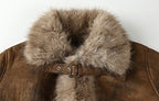 Close-up of Retro Maillard Suede Jacket collar with soft faux fur detail for a vintage look