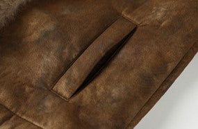 Close-up of Retro Maillard Suede Jacket showing soft texture and detailed pocket design